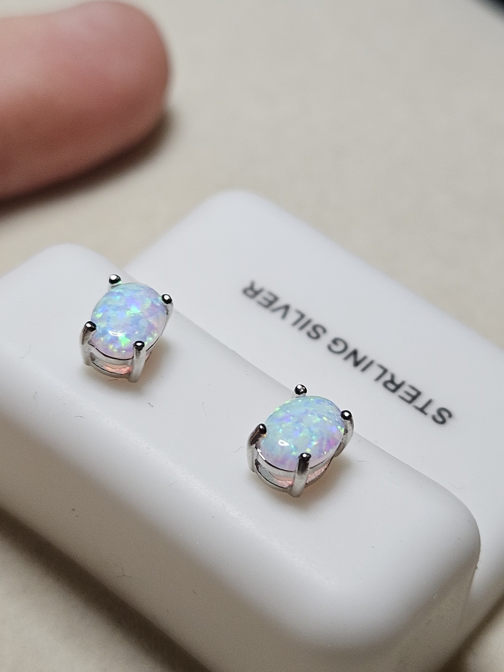 ✨ Sterling Silver Oval Lab-Created White Opal Stud Earrings ✨